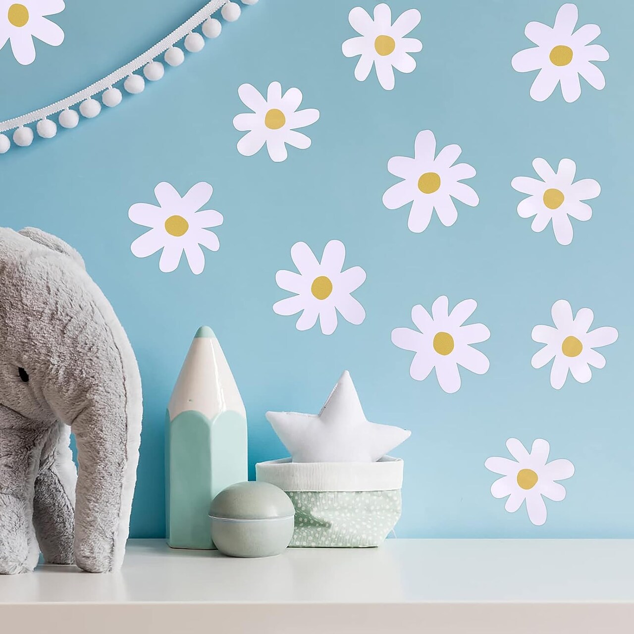 36PCS Retro White Daisy Flower Wall Stickers, Waterproof & Reusable Vinyl Wall Floral Decals (White)